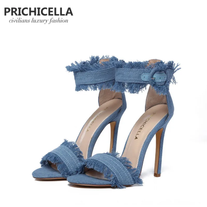 PRICHICELLA blue denim ankle strap high heel sandals genuine leather summer stiletto heels PRICHICELLA blue denim ankle strap high heel sandals genuine leather summer stiletto heels