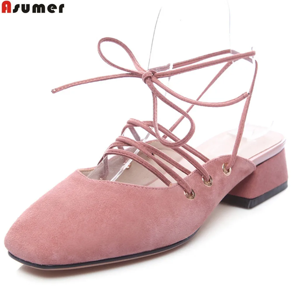 

ASUMER yellow fashion spring autumn ladies single shoes square toe cross tied square heel women suede leather low heels shoes