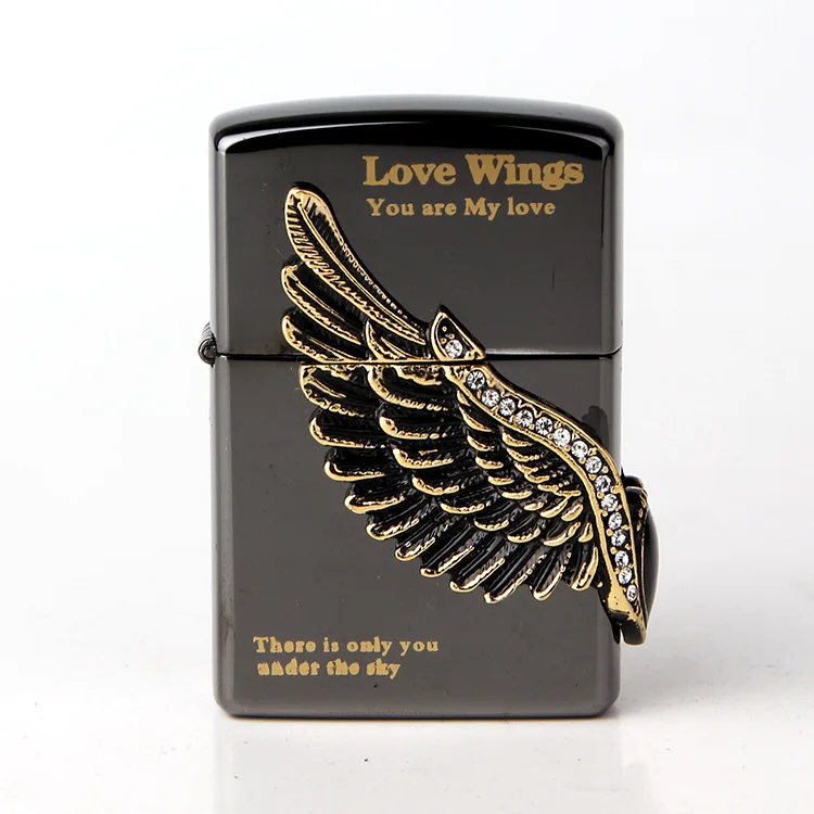 Керосиновая Зажигалка Angel wings черная зеркальная с ангельскими крыльями винтажная