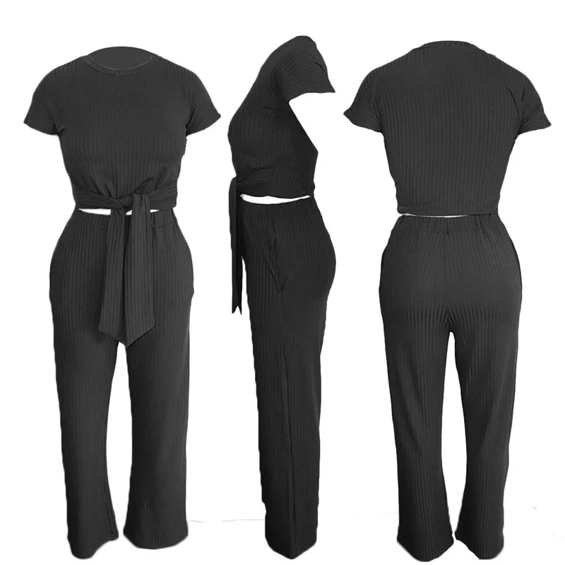 Adogirl однотонный ребристый трикотажный женский костюм из двух предметов, короткий топ с галстуком спереди+ широкие штаны с карманами, повседневный костюм, спортивный костюм