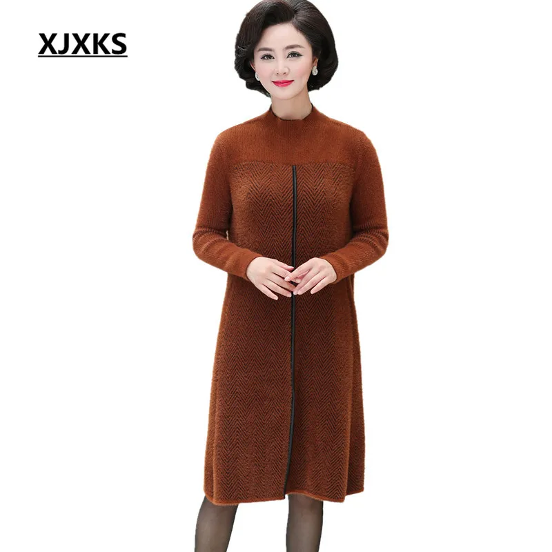 

XJXKS 2018 autumn and winter new warm thick wool women dress loose large size fashion Mandarin Collar women wool dress