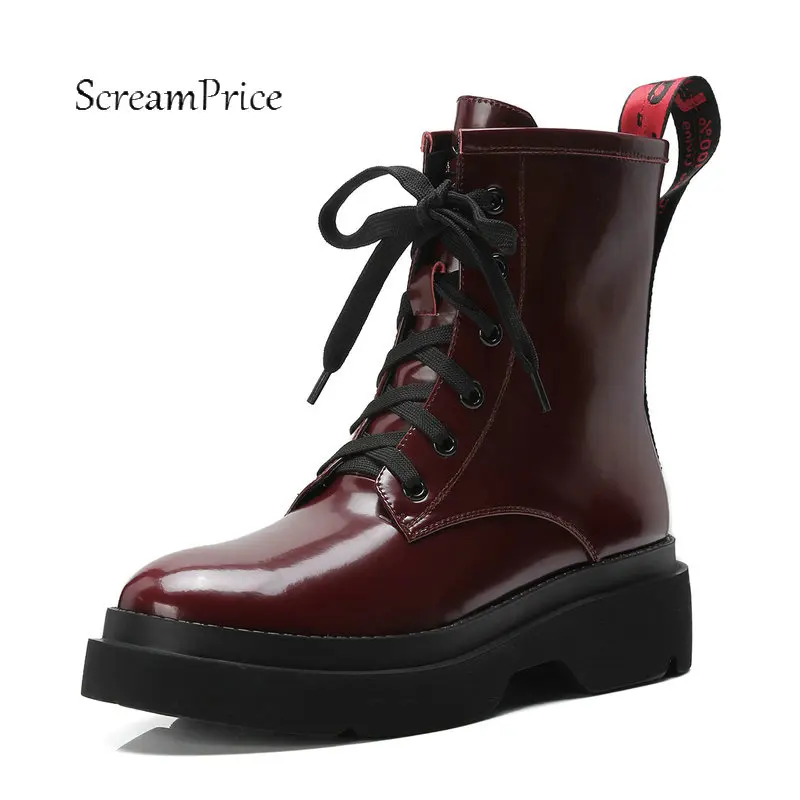 Goedkoop Vrouwen Hoge Kwaliteit Lace Up Comfort Lage Hak Martin Laarzen Mode Kruis Gebonden Ronde Neus Herfst Winter Enkellaars Zwart geel