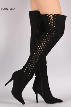 

Spring Autumn Side Cross-tied Design Over The Knee Boots Woman Botas Mujer Side Zipper Pointed Toe High Heels Thigh High Shoes