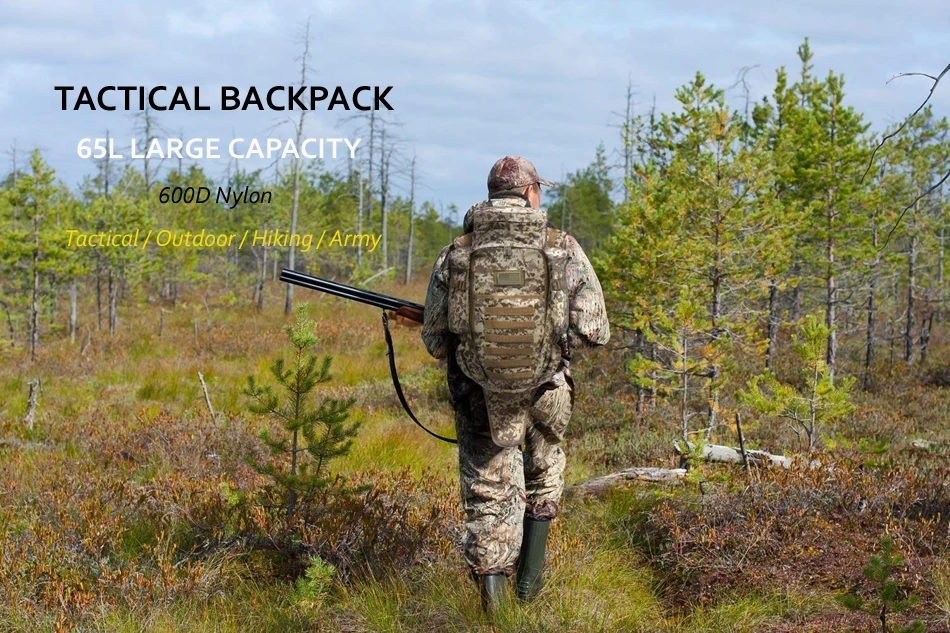 65L Large Capacity Waterproof Tactical Military Backpack Sturdy Nylon Durable Gun Rucksack for Travel Hiking Camping Hunting