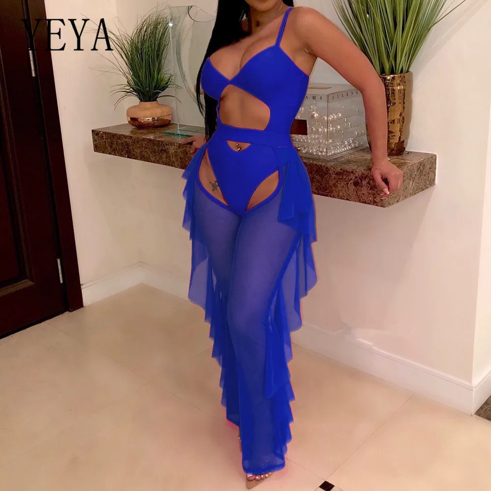 YEYA 2 Pieces Sets See Through Mesh Jumpsuits Sexy Hollow Out Ruffles Bodysuits Women Sleeveless Off Shoulder Elegant Overalls YEYA 2 Pieces Sets See Through Mesh Jumpsuits Sexy Hollow Out Ruffles Bodysuits Women Sleeveless Off Shoulder Elegant Overalls