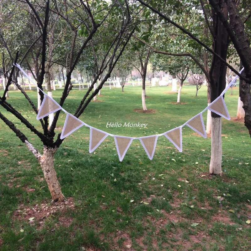 

New Arrive Rustic Hessian Wedding Party Supplies Home Decoration Jute Burlap Flag Banners Burlap Lace Bunting Wedding Sign