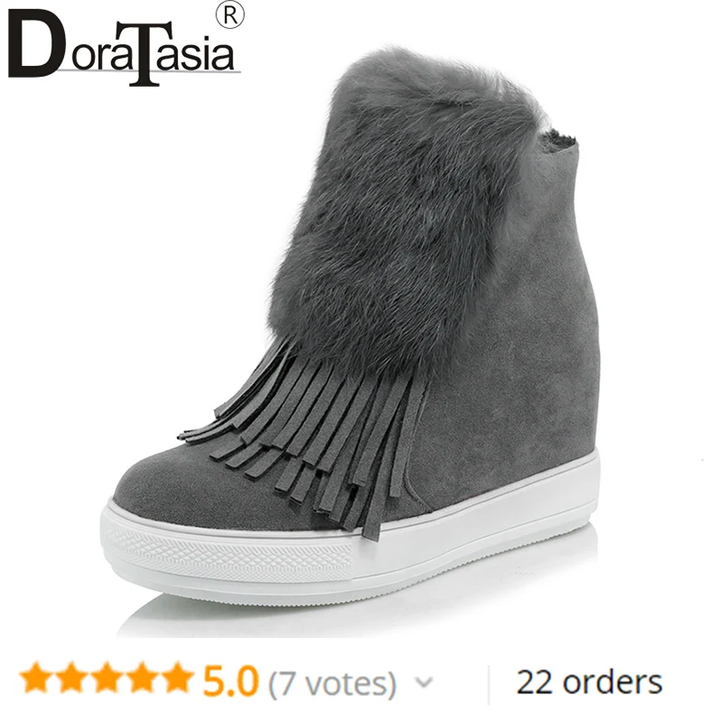 

DoraTasia Size 32-45 Cony Hair Women Ankle Fringe Boots Round Toe With Fur Platform Shoes Zip Hidden Wedge Autumn Winter Boot