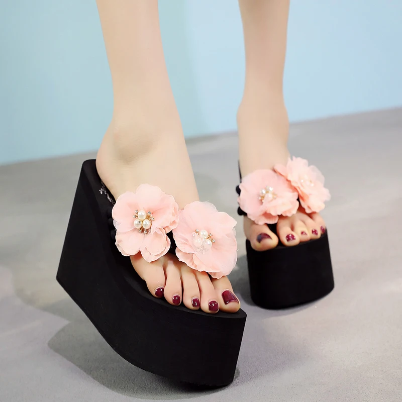

11CM Handmade Flower Women Flip Flops Pearl TPR Non-slip Summer Sandals Wedges Women Slippers 35-42