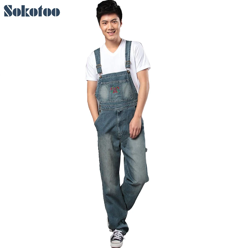 Sokotoo Men's denim bib pants male loose plus size casual jeans straight one piece long trousers suspenders overalls jumpsuit цена Sokotoo Men's denim bib pants male loose plus size casual jeans straight one piece long trousers suspenders overalls jumpsuit цены онлайн