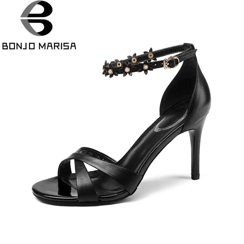 

BONJOMARISA New Fashion Genuine Leather Ankle Strap Thin High Heels Solid Flower Shoes Woman Leisure Sandals Big Size 33-39