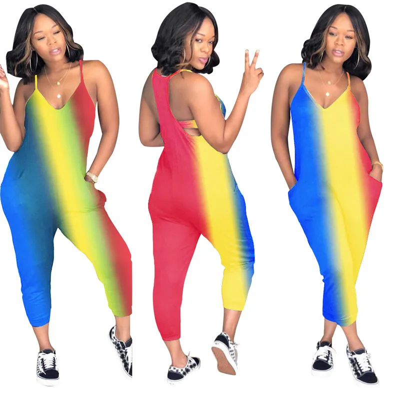 

Rainbow Print Summer Overalls Casual Rompers Womens Jumpsuit 2018 New Arrival Spaghetti Strap Pockets Tie Dye One Piece Jumpsuit