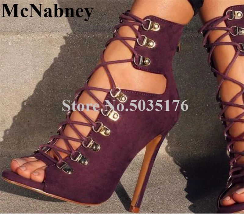 

2019 European Flock Solid Peep Toe High Stiletto Heel Mid-Calf Cross-tied Hollow Short Boots Zip Spring/Autumn Women Shoes