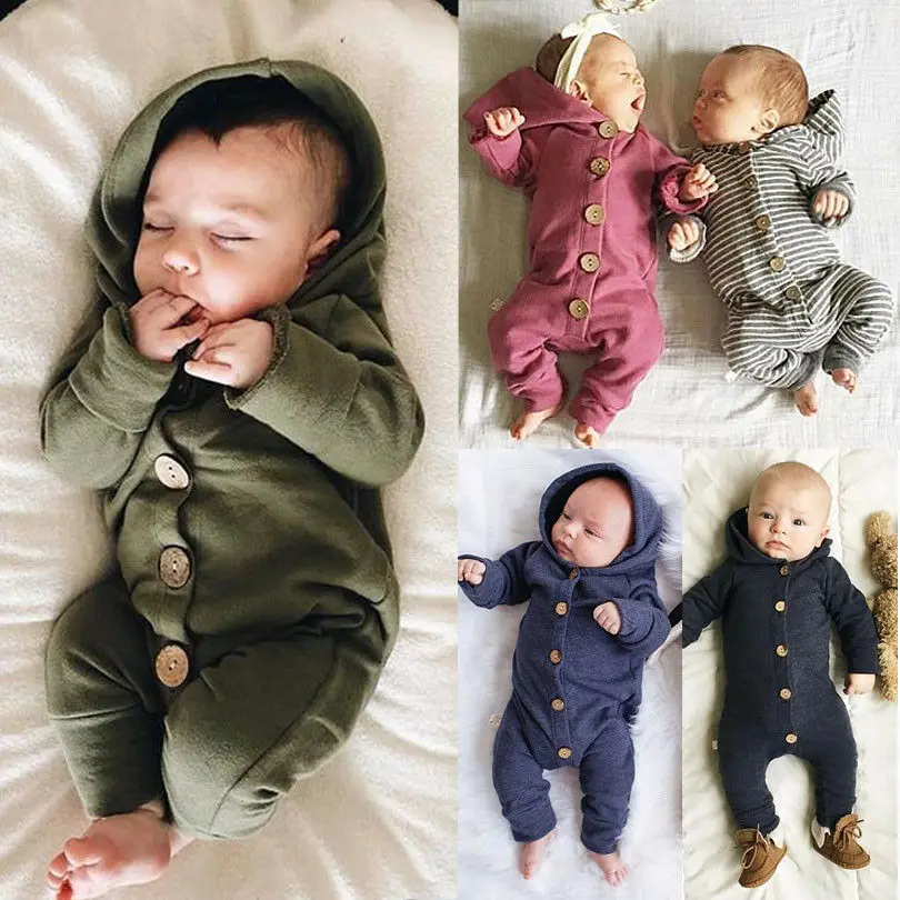 

Newborn Baby Clothes Kids Boy Girl Infant Hooded Solid Romper Button Closed Jumpsuit Outfit Set Toddler Autumn Clothes