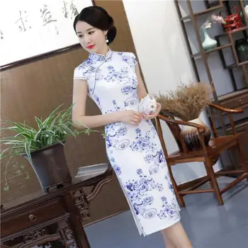 

Hot Sale Women Slim Qipao Lounge Sexy White Print Cheongsam Oversize Floral Classic Mandarin Collar Chinese Dress Vestidos M-3XL