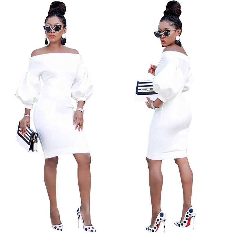 

2019 Women Elegant White Off The Shoulder Bodycon Dress Lantern Long Sleeve Short Dress Sexy Night Club Evening Party Dresses