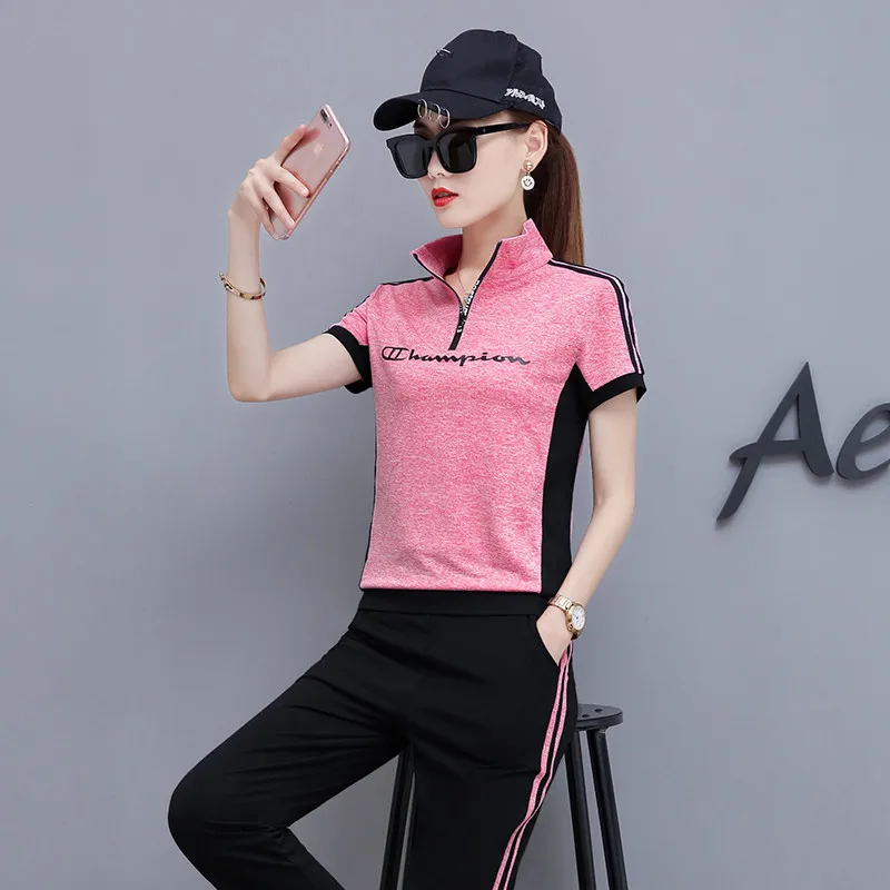 DHfinery summer two piece Set women casual short sleeve t shirt and trousers gray pink orange sportswear plus size M-4XL bs7275 Women's Sets