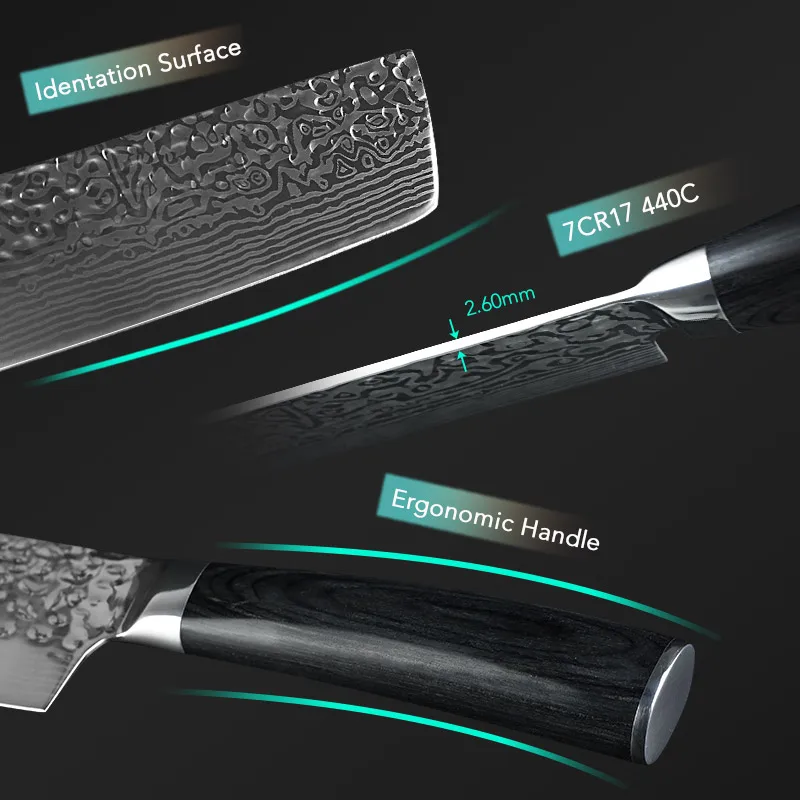 Baratos Cuchillos de Chef cuchillo de cocina 7 pulgadas japonés 7CR17 440C alto carbono Acero inoxidable imitación Damasco lijado láser Santoku cuchillo