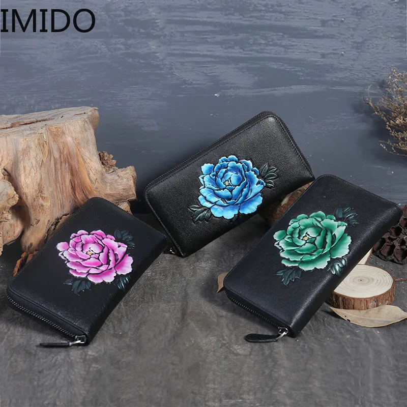 

IMIDO 2019 New Peony Embossed Flowers Leather Grab Bag Large Capacity Lady Designer Wallets Famous Brand Women Fashion Luxury