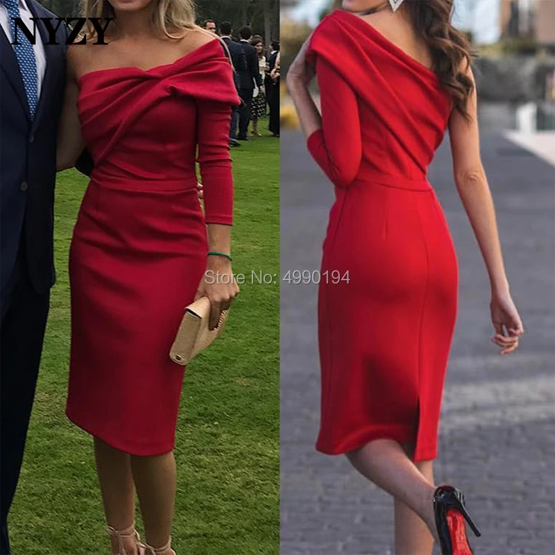 

NYZY C138 One Sleeve Red Cocktail Dresses Knee Length Mermaid Robe Soiree Dubai Short Formal Dress Party 2019