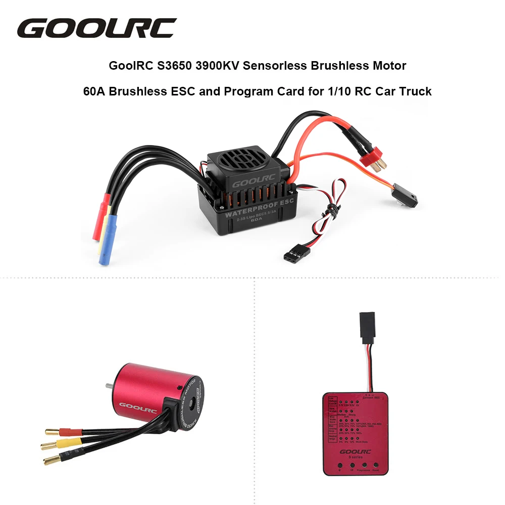 

Original GoolRC S3650 3900KV Sensorless Brushless Motor 60A Brushless ESC and Program Card Combo Set for 1/10 RC Car Truck