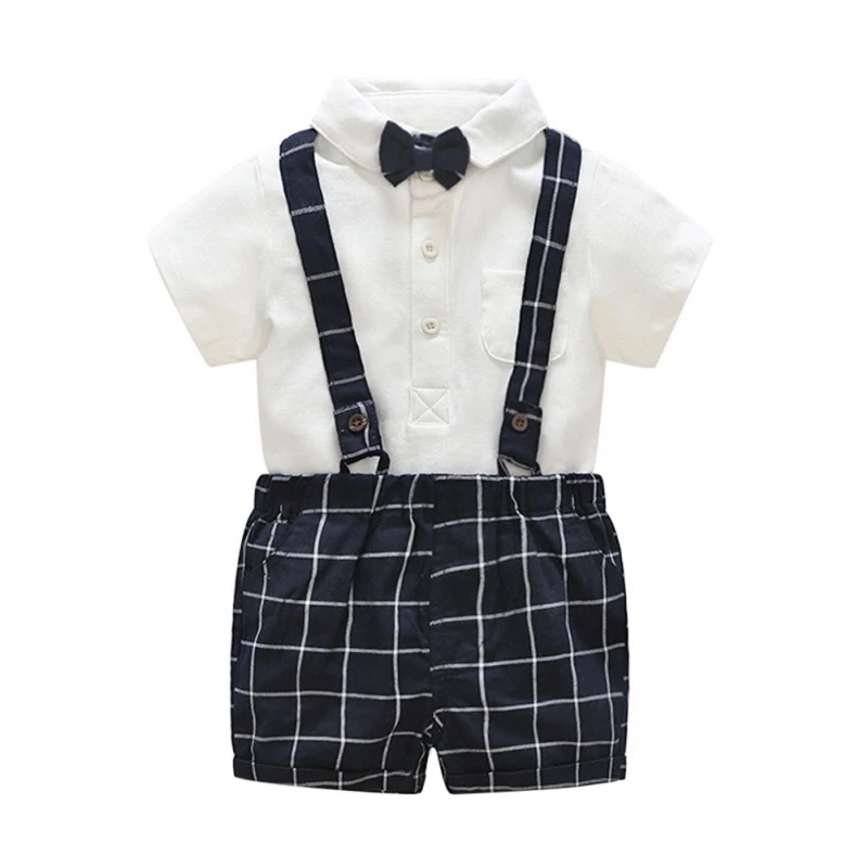 

Lapel Cotton 1-4T Plaid Gentleman style Summer Casual Baby Boy Set Short Sleeve Plaid Suspender Pants Kit Kids Toddler Overalls