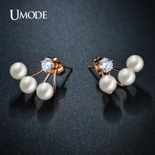 UMODE Cute Double Side Synthetic Pearl Stud Earrings With Jacket Fashion Brinco Rose Gold Color Jewelry for Women JE0255A