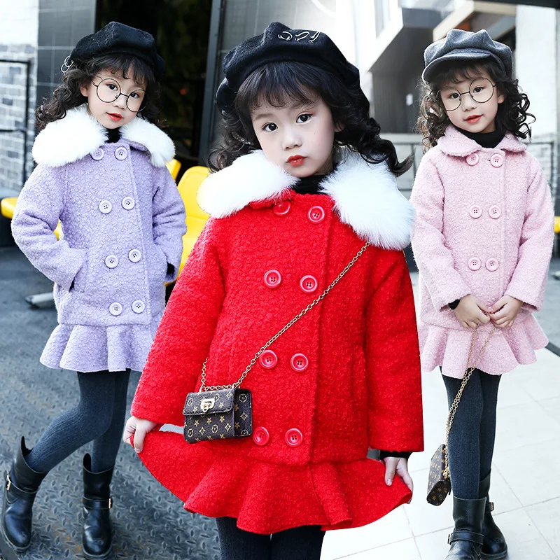 

2017 Girls New Year Clothes Autumn Winter Detachable Fur Collar Wool Coat For Baby Girl Thick Cotton Padded Coat with Skirt