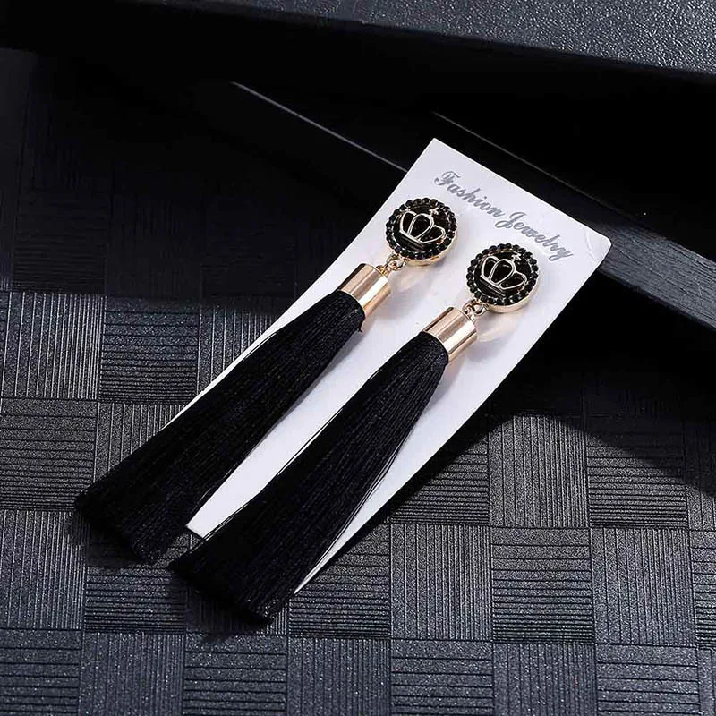E5861 Trendy Drop Earrings CrownWomenLongBohemianBlueSilkBalckDangleMetalBohoGold Tassel Earrings 2018 Jewelry
