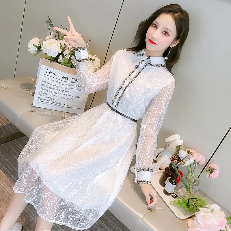 

Elegant mesh bead chiffon patchwork lace white dress Korean designer dresses runway 2019 high quality long sleeve midi dress
