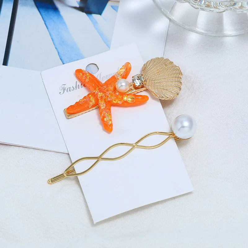 

New Barrettes Korean Simple Shell Hairpin Sea Star Accessories Two-piece Combination Imitation Pearl Rhinestone Hairpin Female