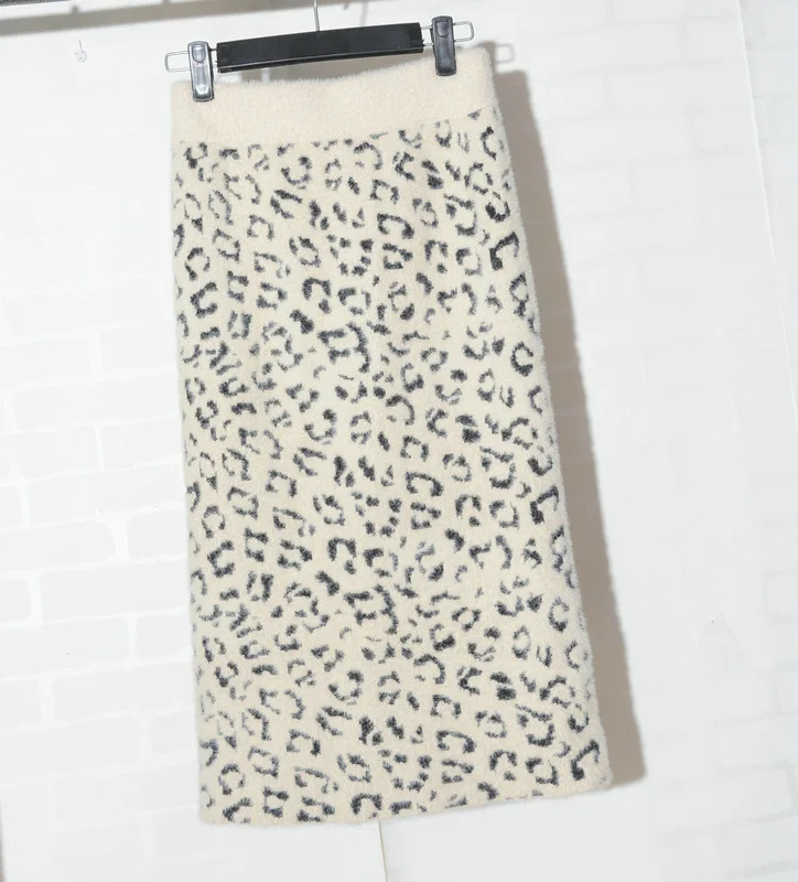 Зимняя теплая и сексуальная кашемировая леопардовая трикотажная юбка-карандаш средней длины, осенняя растягивающаяся длинная юбка до середины икры с разрезом сзади, цвета хаки, бежевый - Цвет: beige