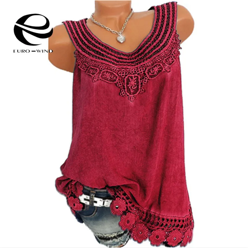 زائد حجم 5XL النساء قمم و بلوزة 2019 الصيف أعلى بلا أكمام س الرقبة الصلبة الدانتيل البلوزات الإناث عارضة فضفاض قمصان بوهو blusas