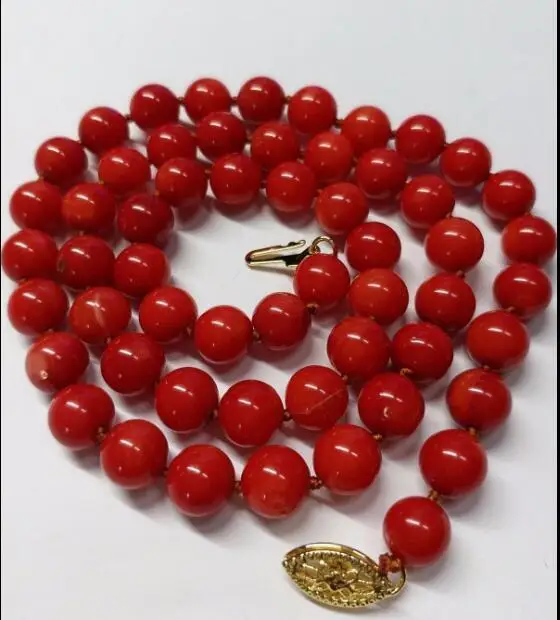 

NEW GENUINE AAA 8MM ROUND RED CORAL NECKLACE 18" 925silver YELLOW CLASP