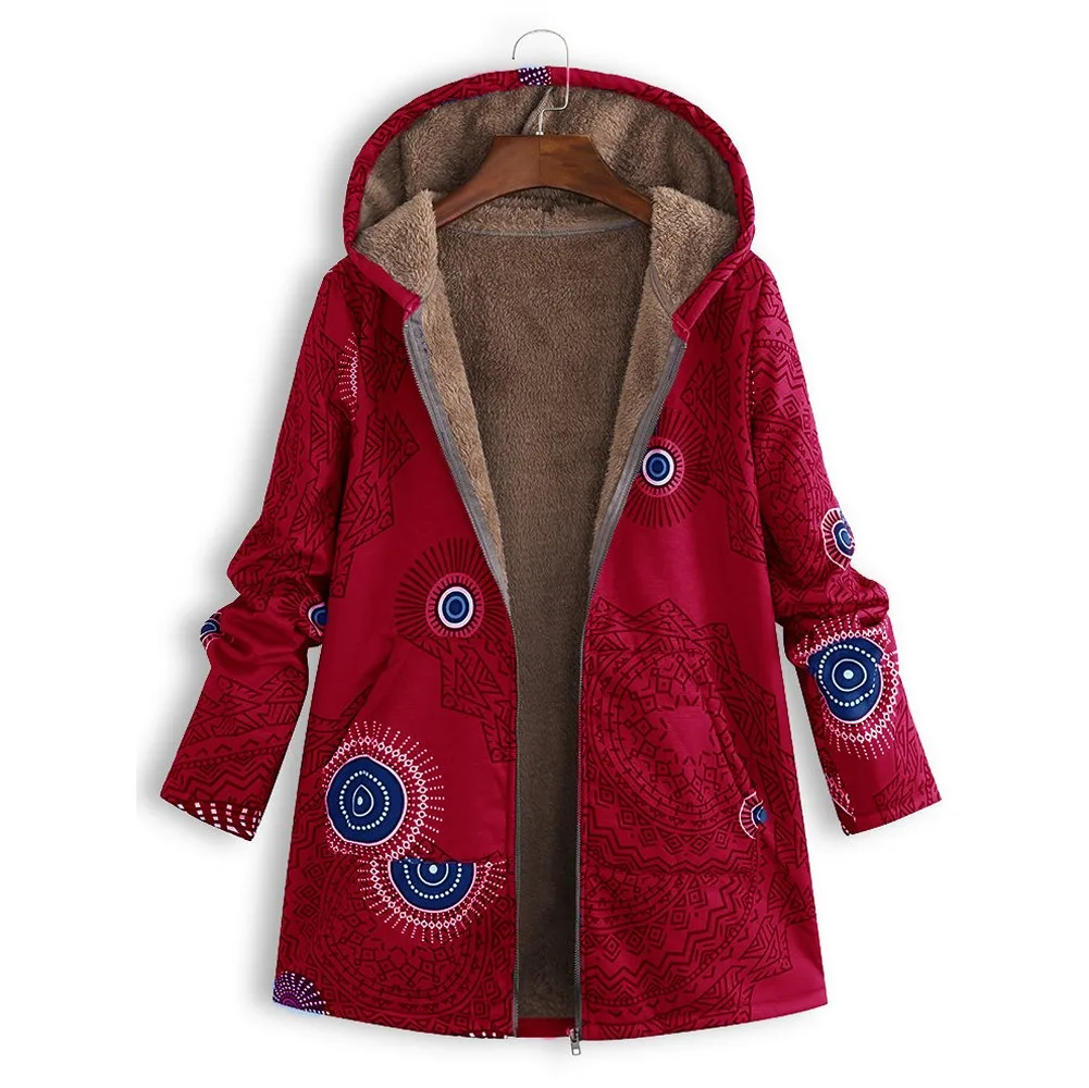 Новинка, зимнее пальто с капюшоном, женская теплая верхняя одежда, винтажный цветочный принт, с капюшоном, с карманами, Ретро стиль, большие размеры, зимняя куртка для женщин#45