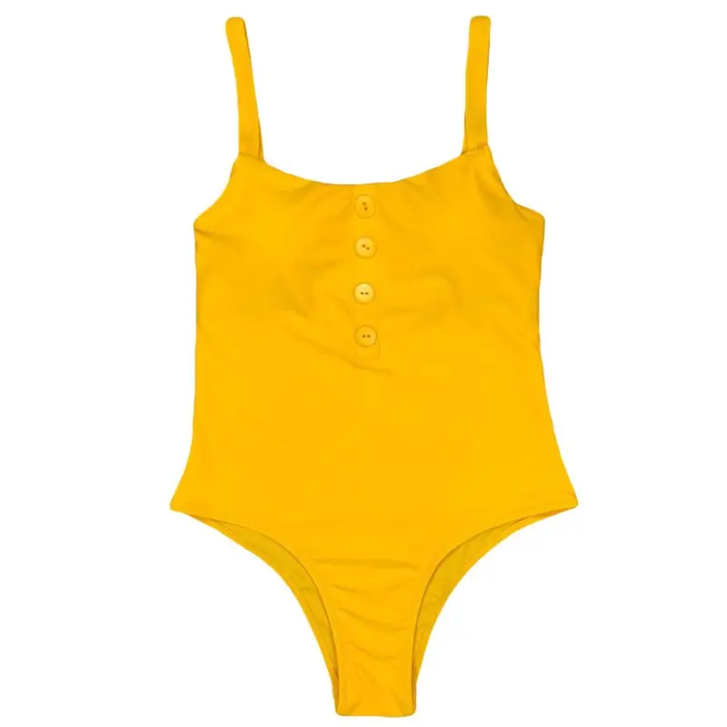 

Women Sexy One Piece Bikini Bright Yellow Solid Color Monokini Four Decorative Buttons Front Swimsuit High Cut Tummy Control Bat