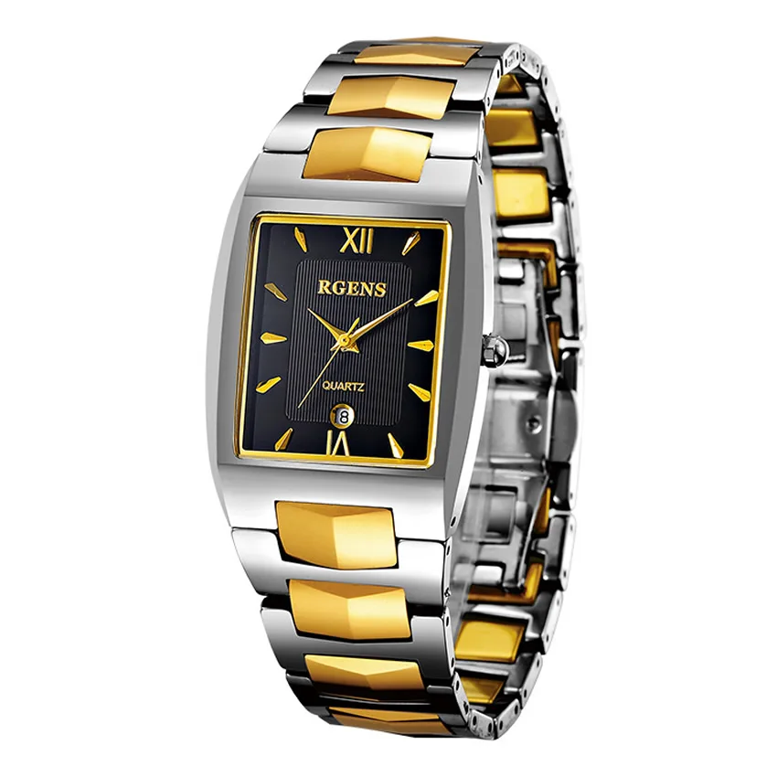 

luxury gold mens watches tungsten steel quartz square man wristwatches waterproof calendar male clocks RGENS brand official