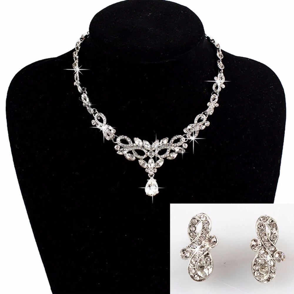 

Bridal Wedding Bride Party Rhinestone Necklace Earring Pendant Chain Jewelry Set -W128