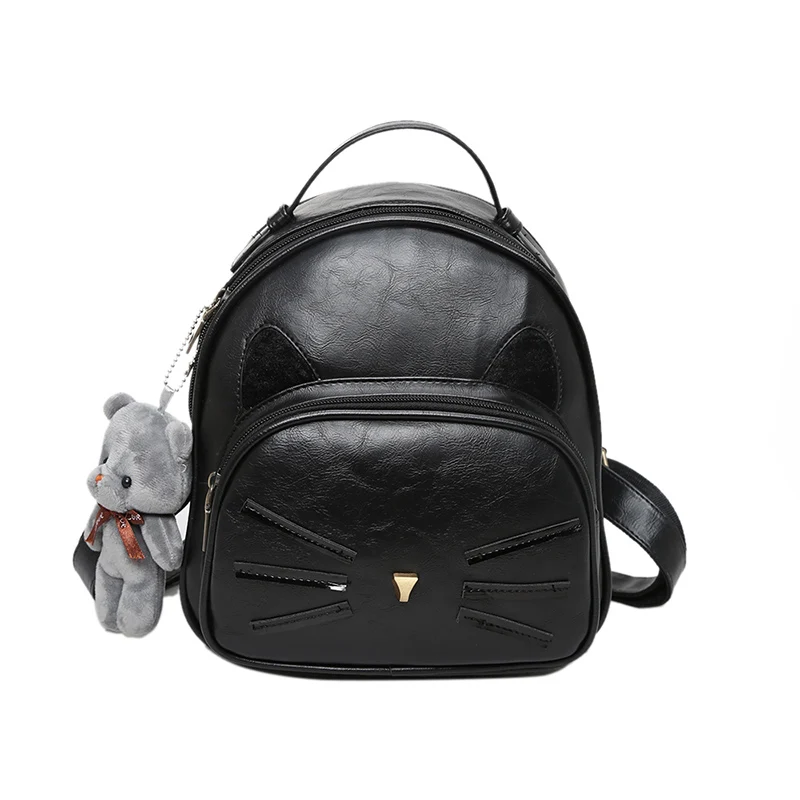 High Quality Women Preppy Style PU Leather Daily Backpack Korean Style Cute Kitty Students School Bag