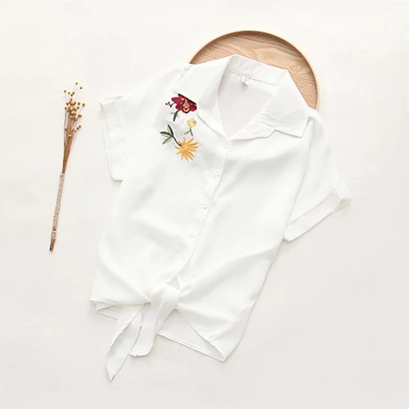 Freshness embroidery short Sleeve Women Blouses And Shirts White cat Female Ladies Casual Shirt Tops Plus Size Blusas Blouse