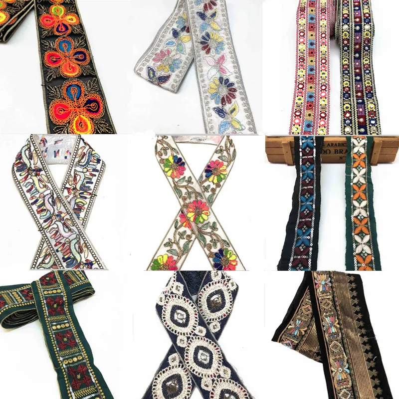 

3Yards/Lot Ethnic Embroidered Lace Ribbons DIY Clothes Sew on Accessories Sequin Net Yarn Embroidery Lace Trim