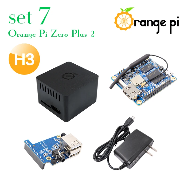 Оранжевый Pi Zero Plus 2 H3 Комплект 7: Zero Plus 2 H3+ защитный чехол+ плата расширения+ блок питания OTG US, за пределами Raspberry