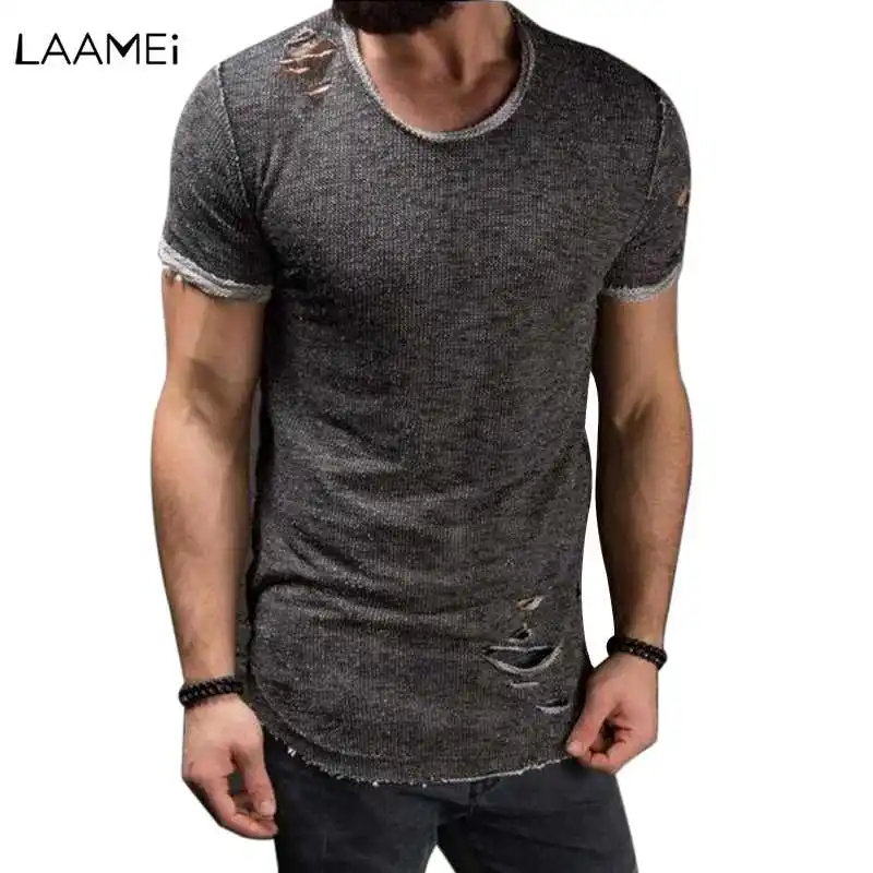 Laamei Men's Short Sleeve T Shirt Holes Men Fashion T Shirt Streetwear ...