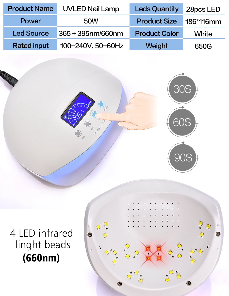 50 Вт УФ светодиодная лампа для сушки ногтей 28 шт. светодиодный светильник с инфракрасный свет красный режим ухода за кожей лампа для лечения гель-лака маникюрные инструменты