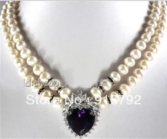 

free shipping White FW Pearl&heart-shaped stone 2 Row Necklace