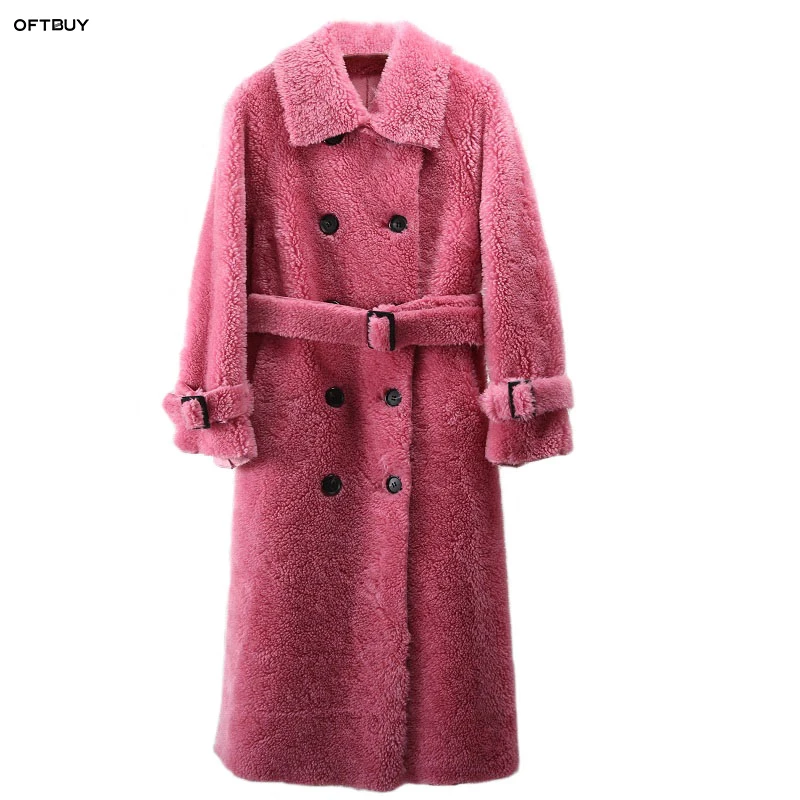 OFTBUY winter coat women windbreakers natural wool lamb fur sheepskin faux leather long trench coat Double-breast jacket