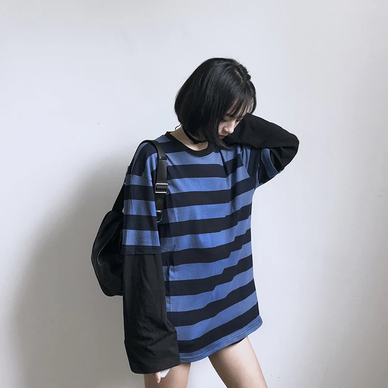 

Summer 2019 new Korean Harajuku fashion ins loose casual striped long-sleeved women's T-shirt tops