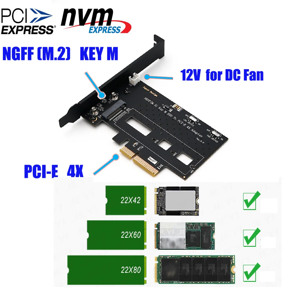 Xt Xinte Ngff M 2 Nvme Pcie Ssd To Pci E 3 0x 4x Adapter Card Pci Express W Cooling Fan Bracket Support M2 Form Factors 2242 2260 2280 Electronics Monopod Heads