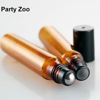 

500 X 10ml Amber Glass Essential Oil Roll On Ball Bottle Massage Eye Cream Jar Steel & Glass Ball Black Plastic Lid Wholesale