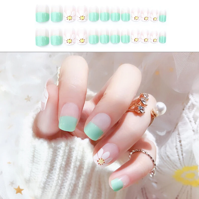 24pcs Fresh Style Flowers Printing False Nail With Glue 2g Nail Tips Art Design Fake Nail Sticker