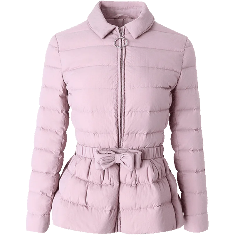 

2018 winter short down jacket warm coat women elegant new line belt with thin lapel white duck down coat plus size solid color